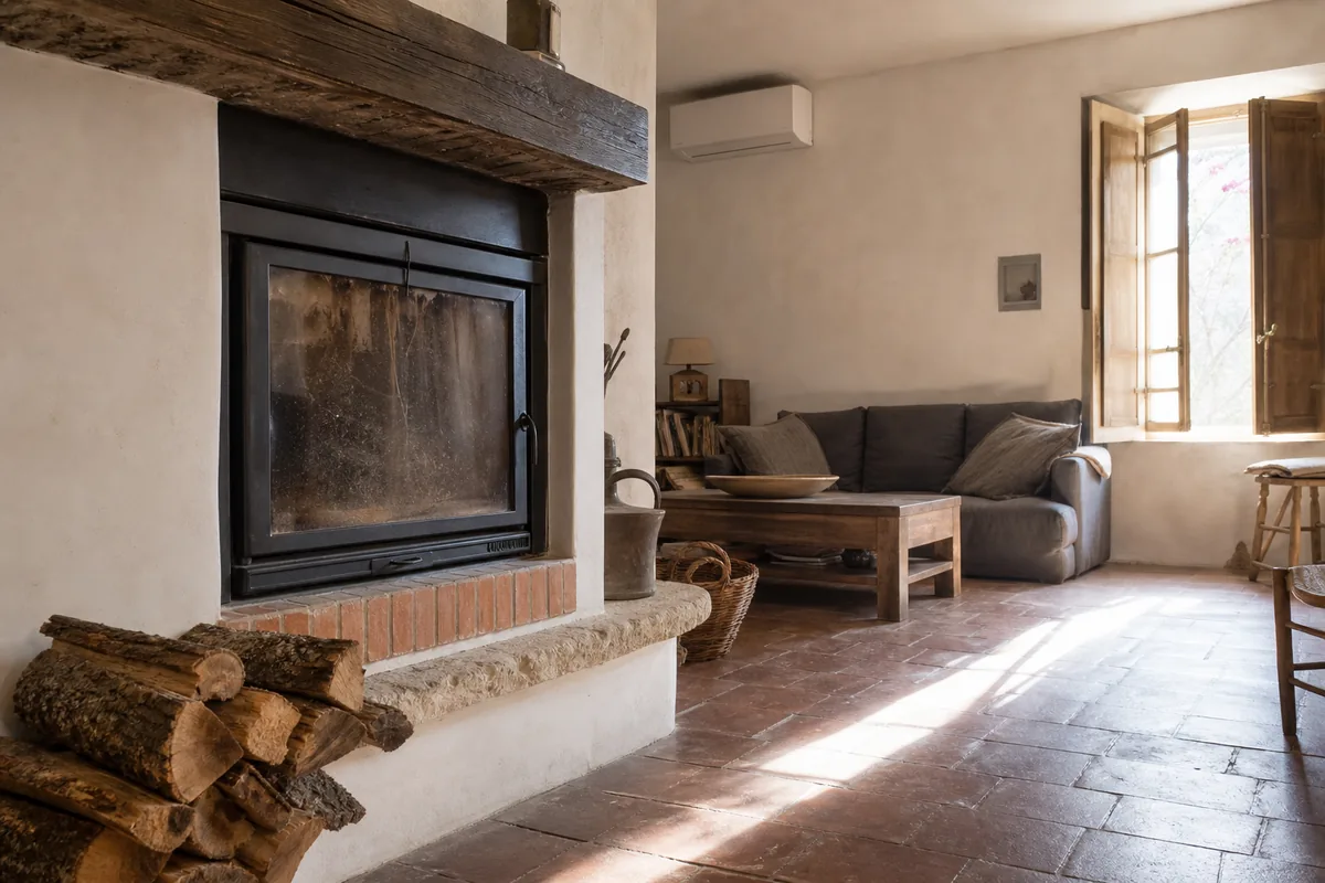 Unité murale de climatisation réversible dans le séjour d’une maison de village en pierre