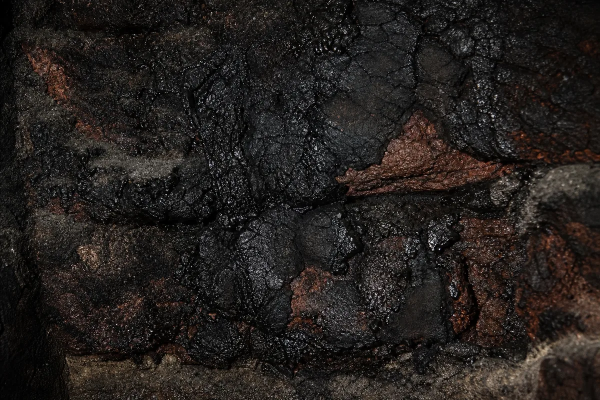 Dépôt de bistre noir et brillant sur la paroi intérieure d’un conduit de cheminée maçonné ancien