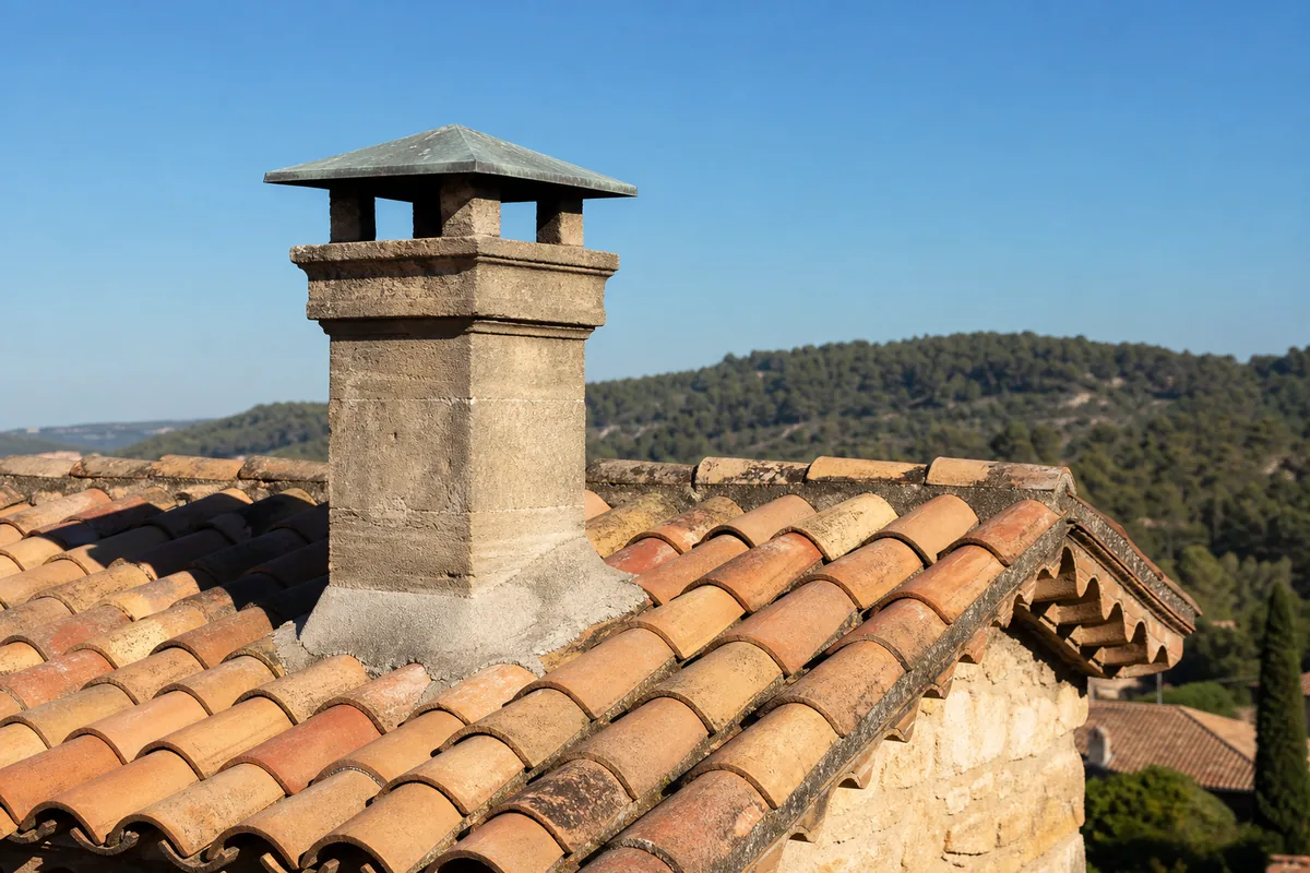 Souche de cheminée en pierre coiffée d’un chapeau de zinc sur une toiture en tuile canal du sud Luberon