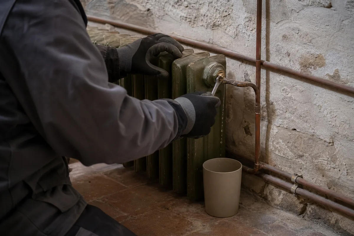 Mains gantées purgeant un radiateur en fonte dans une buanderie de maison de village