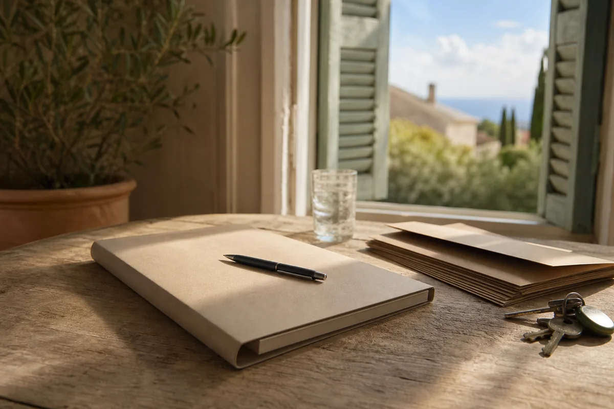 Dossier cartonné fermé et stylo posés sur une table en bois près d’une fenêtre à volets, lumière du sud