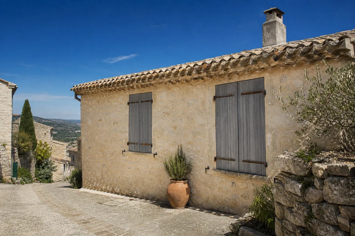 Façade de maison de village en pierre calcaire aux volets fermés, toiture en tuile canal et souche de cheminée coiffée de zinc
