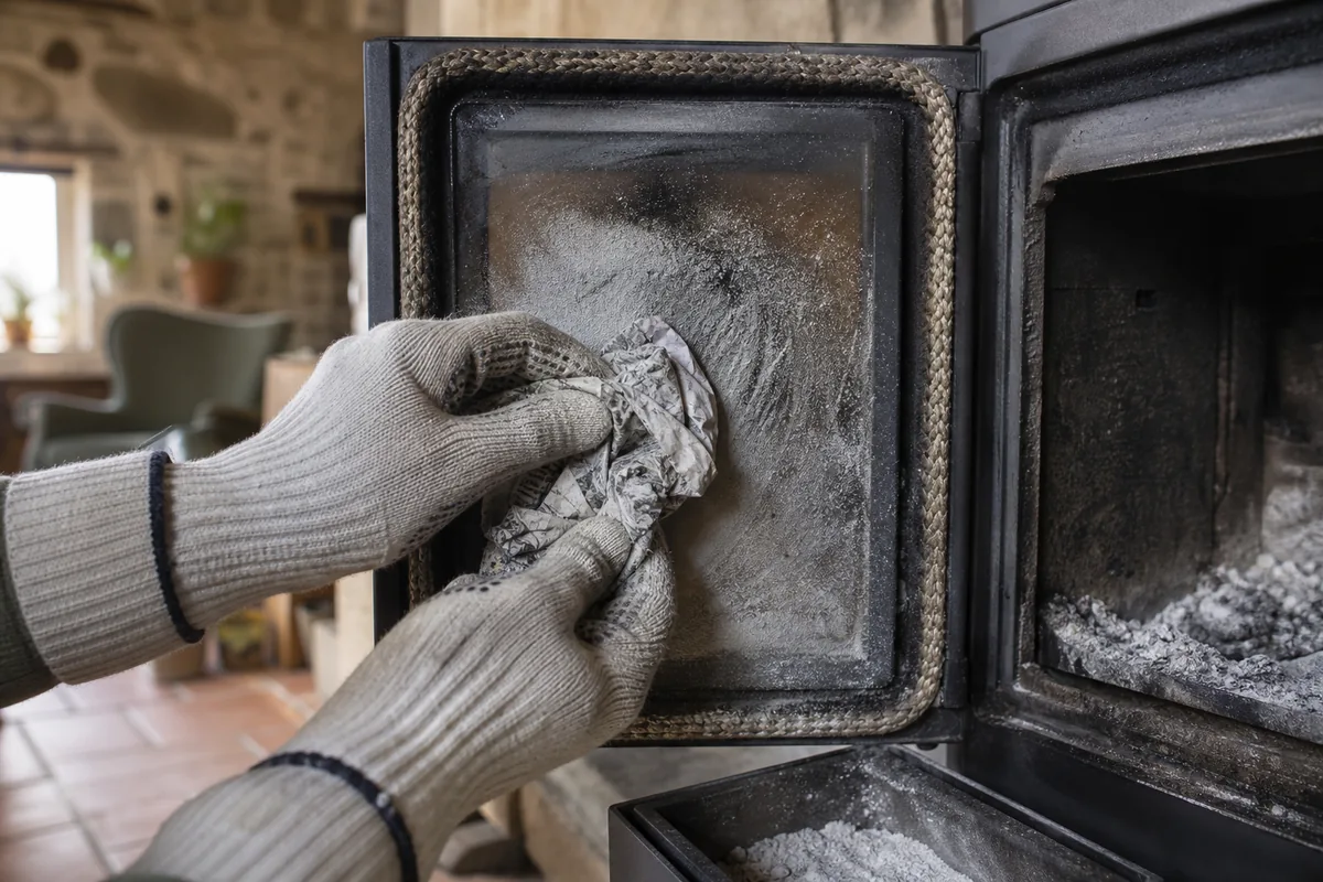 Poêle à bois fermé allumé dans un séjour de maison de village provençale, bûches de chêne empilées à côté
