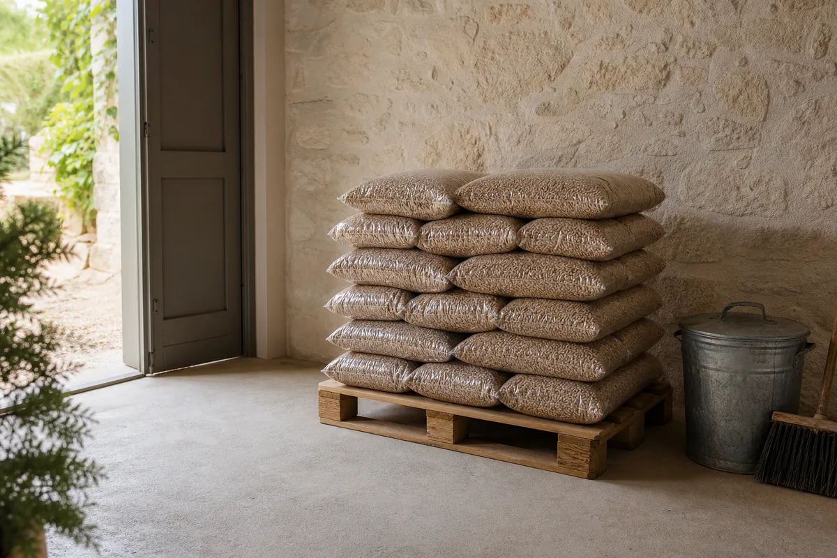 Sacs de granulés de bois empilés sur une palette en bois dans un garage aux murs de pierre calcaire