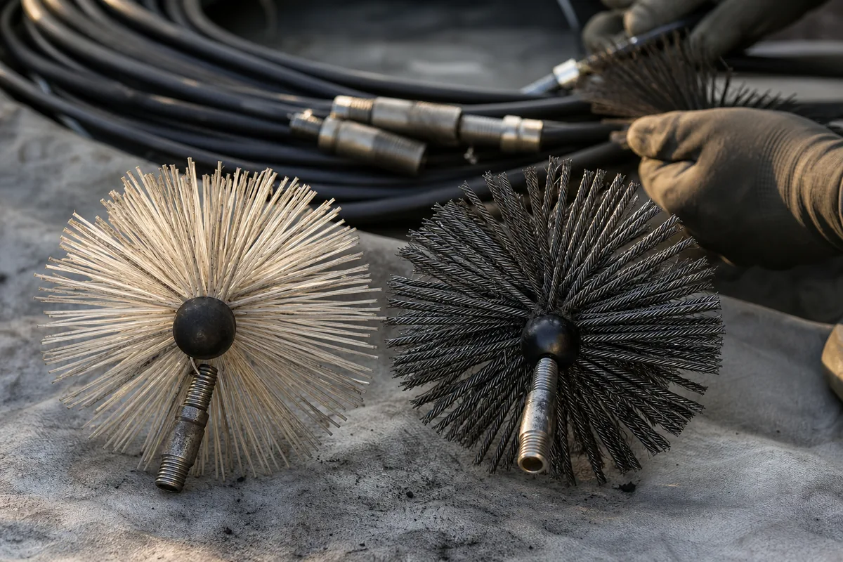 Hérisson nylon et hérisson acier posés côte à côte sur une bâche avec des cannes de ramonage enroulées