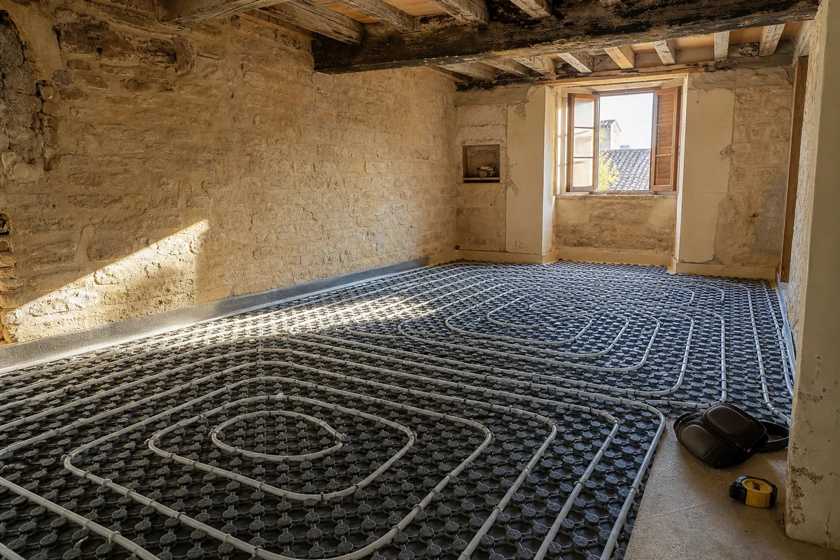 Sol d&rsquo;une pièce à l&rsquo;étage en travaux, plaques d&rsquo;isolant à plots et tube souple déroulé sous des poutres anciennes