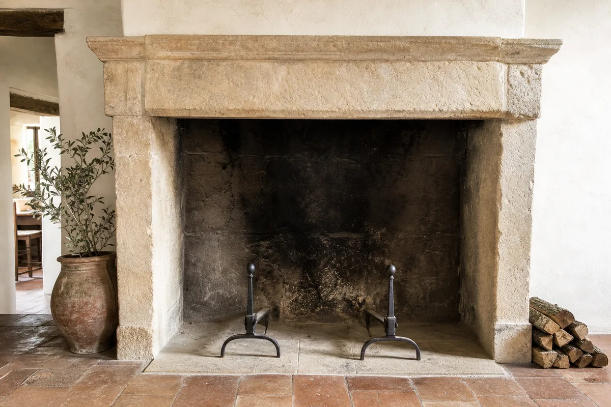 Grand âtre maçonné à foyer ouvert dans un mas provençal, avec ses chenets et ses bûches de chêne vert