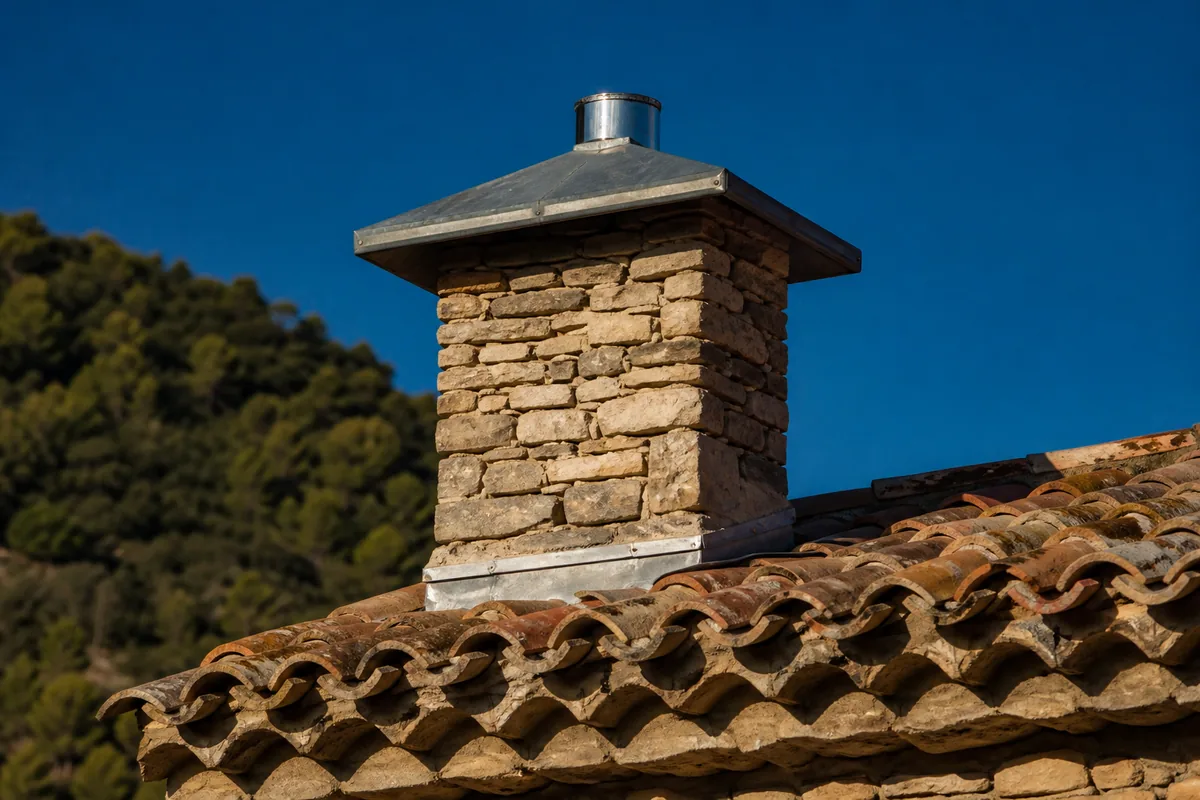 Souche de cheminée en pierre coiffée d&rsquo;un chapeau de zinc sur une toiture en tuile canal du Luberon