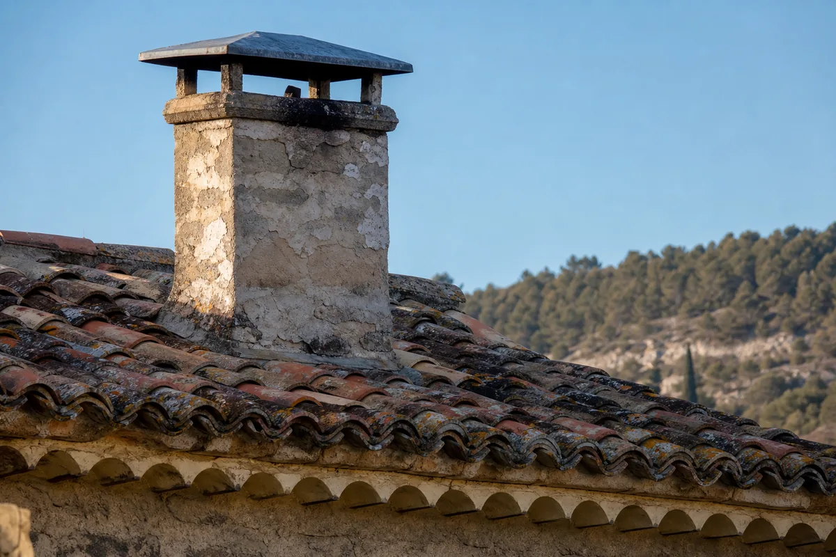 Souche de cheminée en pierre coiffée d’un chapeau de zinc sur une toiture en tuile canal d’un village du pays d’Aigues