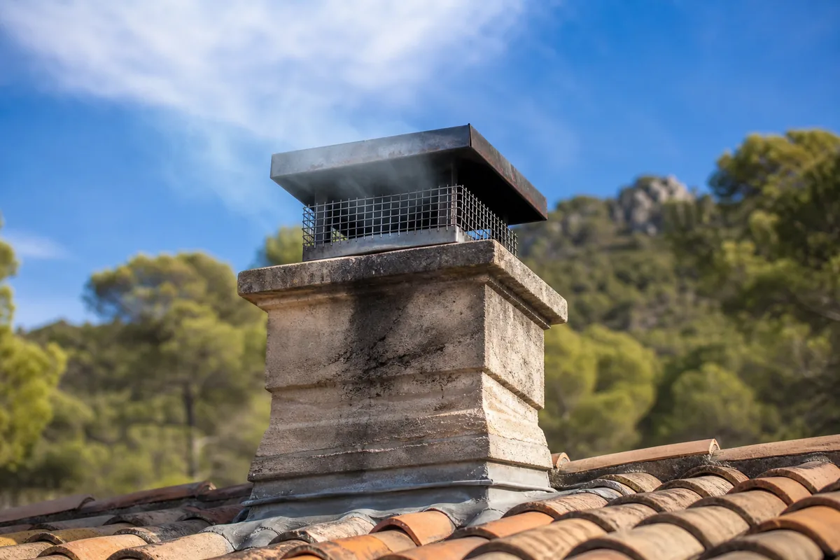 Souche de cheminée en pierre coiffée d’un chapeau de zinc sur une toiture en tuile canal, au dessus de la campagne du Puy-Sainte-Réparade